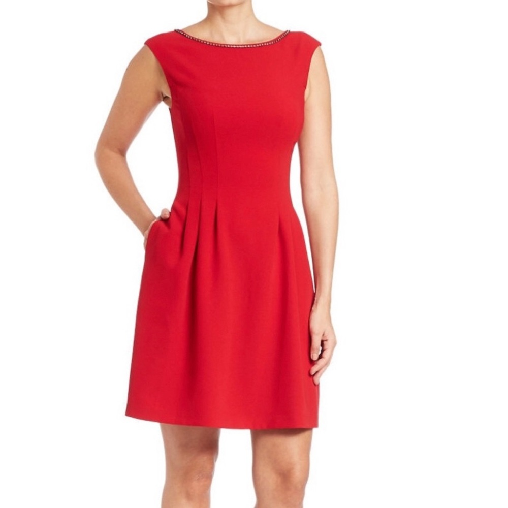 Vince Camuto red pleated knee length dress with rhinestone collar and pockets!